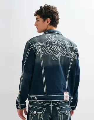 True Religion oversized fit rope stitch back print jimmy trucker jacket in blue