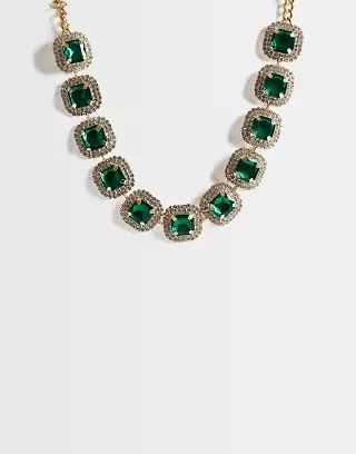 ASOS DESIGN necklace with statement stone set and faux green crystal detail in gold tone