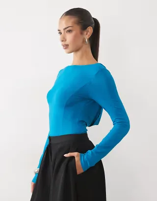 ASOS DESIGN draped lace panel long sleeve bodysuit in teal