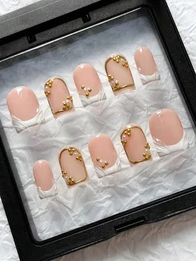 Pink French Tip Square Short Press On Acrylic Nails Designs 10pcs 3D Embossed Gold Edges Pearl Decor Handmade Fake Nail