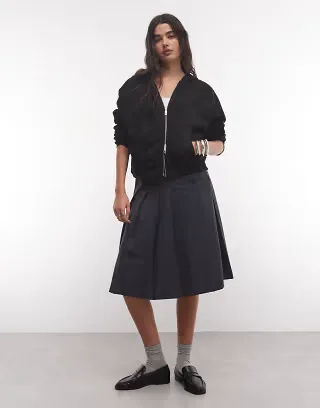 Weekday pleated midi skirt with side zip in black