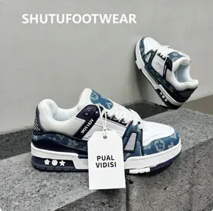 Mens Fashion Denim And Leather Skate Shoes Breathable Low Top Casual Footwear