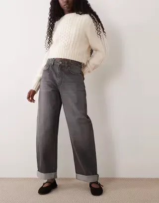 ASOS DESIGN high rise relaxed roll-up jeans in gray
