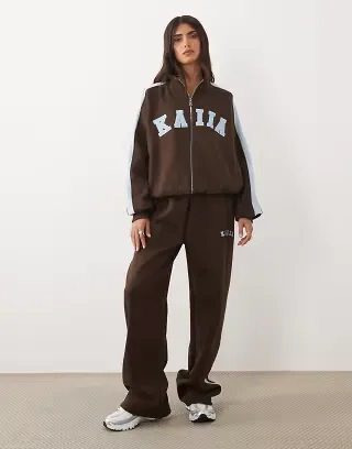 Kaiia cotton rich embroidered logo detail oversized zip through high neck sweatshirt and sweatpants in chocolate & baby