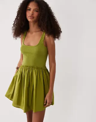 ASOS DESIGN scoop ribbed bodice with poplin skirt mini dress in olive