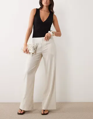 Good American linen mid rise relaxed wide leg pants in oat