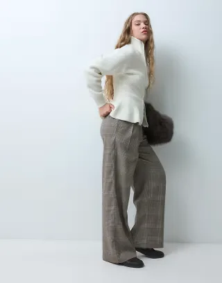 ASOS DESIGN Petite Tailored wide leg pants with pleat detail in brown check