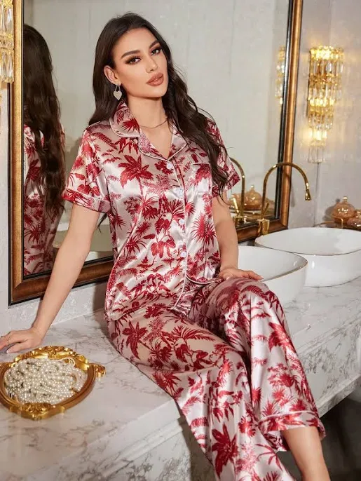 Shein Women's Floral Print Faux Silk Pajama Set