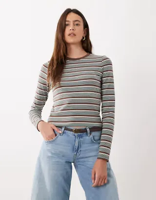 Brave Soul long sleeve fitted jersey top in brown striped print