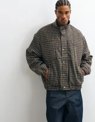 Liquor N Poker oversized boxy funnel neck jacket in brown check