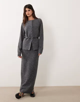ASOS DESIGN faux leather belted cardigan & midi skirt set in charcoal