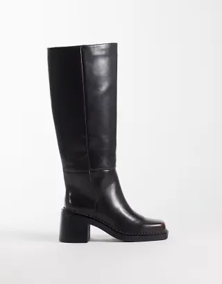ASOS DESIGN Cadence block heel pull on knee boots in brown burnished