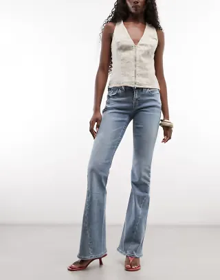 True Religion joey mid rise flap pocket flare jeans in light wash blue