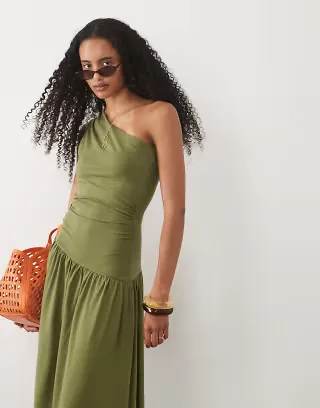 ASOS DESIGN ruched one-shoulder dropped waist maxi dress in khaki