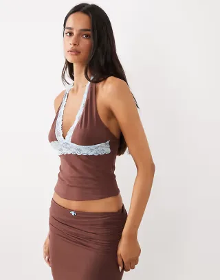 Tiger Mist Calina butter touch slinky contrast lace trim halterneck top in chocolate and baby blue - part of a set