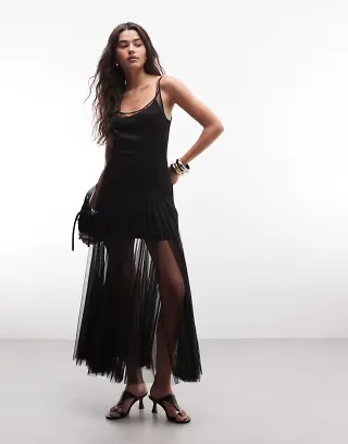 AllSaints Harmonia 2 in 1 slip maxi dress with mesh overlay in black