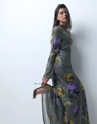 ASOS DESIGN printed mesh high neck godet maxi dress in purple floral