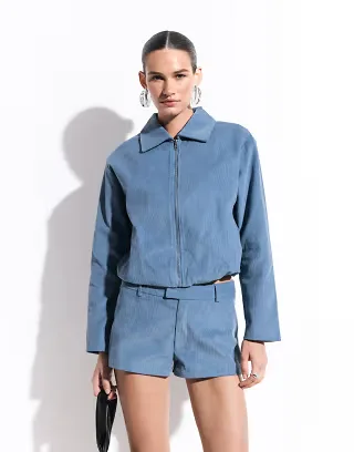 The Frolic exclusive suede look harrington jacket and shorts set in blue