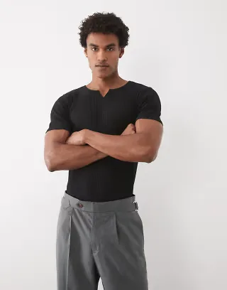 ASOS DESIGN muscle fit T-shirt with notch neck in black smart rib