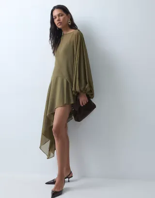 ASOS DESIGN chiffon long sleeve bloussant mini dress in khaki