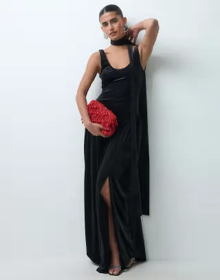 ASOS DESIGN velvet maxi dress with scarf detail in black
