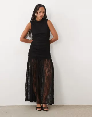 ASOS DESIGN lace drop waist circle maxi dress with grown on neck in black