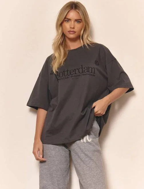 MUSERA Dark Grey Graphic Oversized T-Shirt Women's Clothing Graphic Tees Shirts Knitted Round Neck Casual Fall Winter Cu