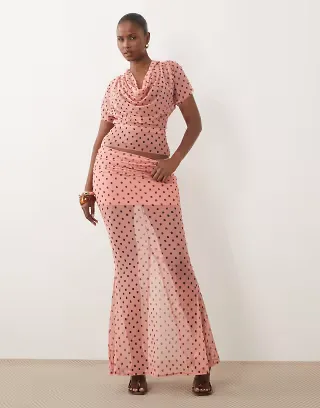 ASOS DESIGN printed mesh maxi skirt in coral geometric - part of a set