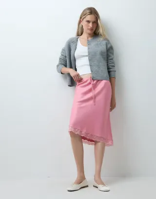 Reclaimed Vintage awkward length satin midi skirt with lace trim in pink