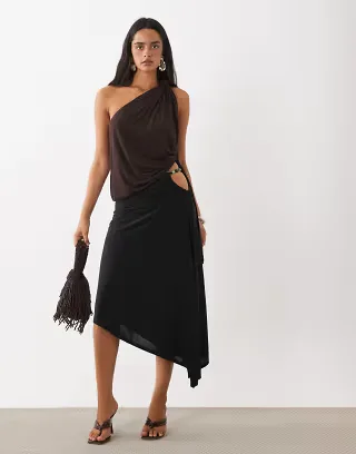 ASOS DESIGN set awkward crop asym skirt with beads in black