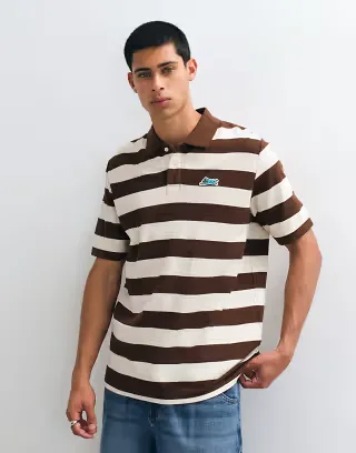 ICECREAM running dog stripe polo shirt in ecru/brown