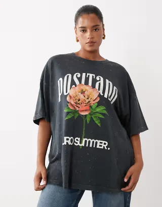 ASOS DESIGN Curve oversized t-shirt with Positano flower graphic in washed charcoal