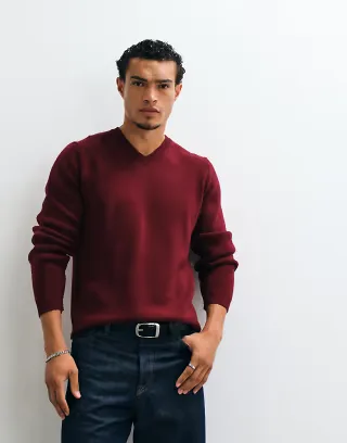 ASOS DESIGN oversized v-neck knit sweater in berry