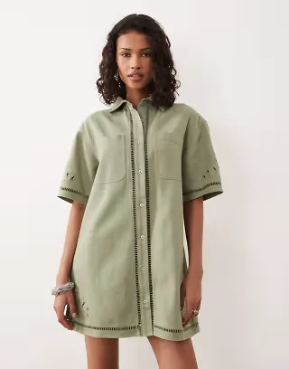 ASOS DESIGN denim boxy shirt mini dress with ladder trim detail in khaki