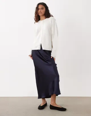 ASOS DESIGN satin bias maxi skirt in navy