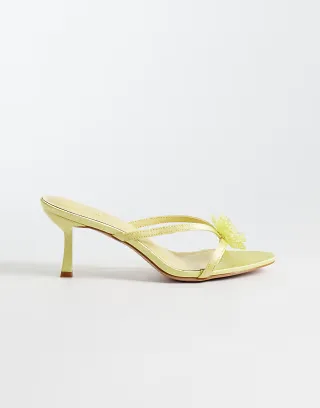 Simmi London Elowen heeled mule sandals with flower detailing in yellow satin