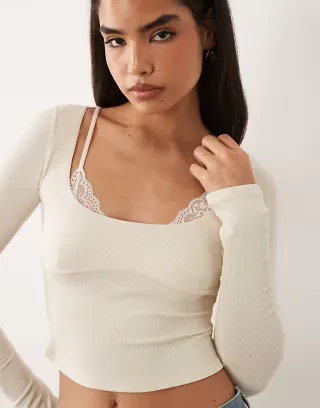 Oh Polly ribbed modal lace bra detail long top in ivory