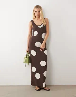 ASOS DESIGN knit maxi dress in brown polka dot