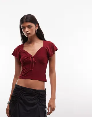 Reclaimed Vintage ruched tie front jersey top in burgundy