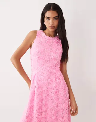 VILA floral jacquard midaxi dress in bonbon pink
