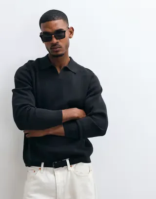 ASOS DESIGN relaxed compact knit notch neck polo shirt in black