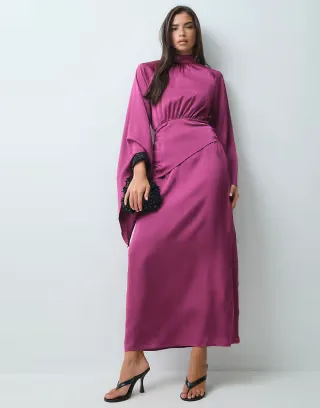 Kaiia exclusive satin high neck drape sleeve detail maxi dress in plum