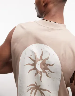 ASOS DESIGN oversized tank with palm puff print in mocha
