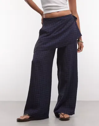ASOS DESIGN straight leg pants with skirt detail in navy gingham