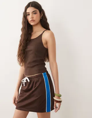 ASOS DESIGN drawcord tricot mini skirt in chocolate