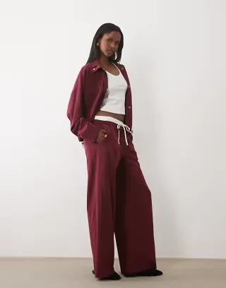 Kaiia Exclusive double waistband wide leg tactical pants in burgundy - part of a set