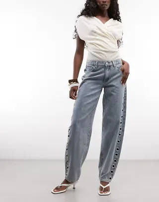 Liquor N Poker straight leg eyelet detail jeans in dirty wash