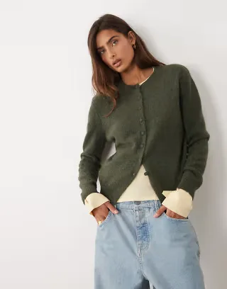 ASOS DESIGN wool blend neat fit cardigan in khaki green
