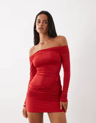 Oh Polly slinky off shoulder drape detail mini dress in red
