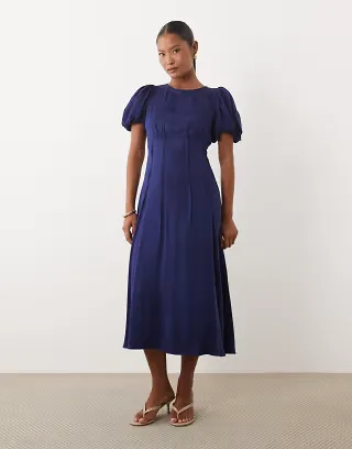 Nobody's Child Petite Quinn satin puff sleeve midi day dress in blue